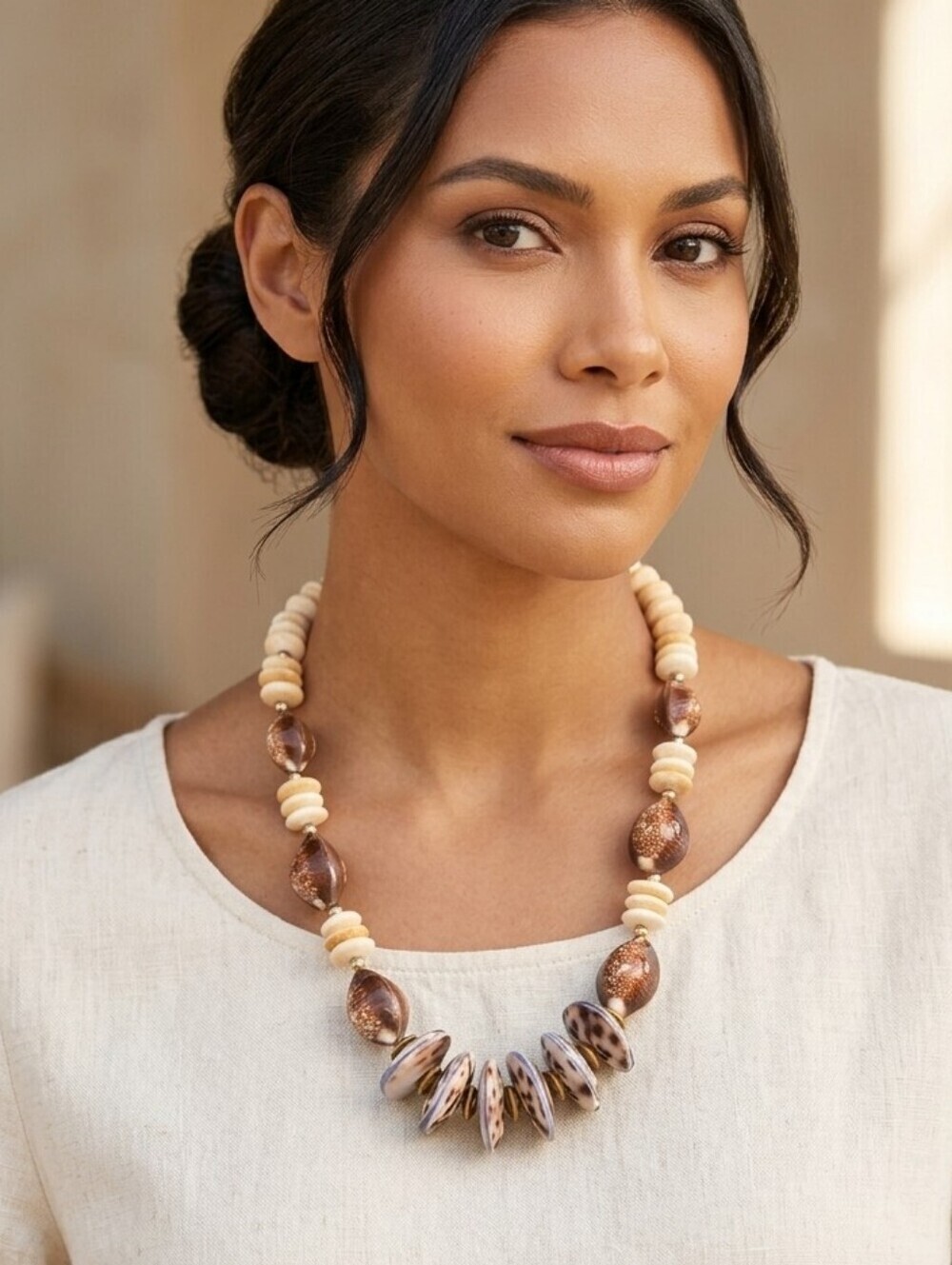 VINTAGE Chunky Natural Tiger Cowrie Shell Statement Beads Necklace